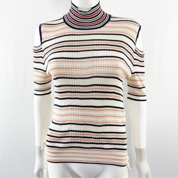 Authentic FENDI Tan Striped Cold Shoulder Mock Neck Sweater Top Size US 8 - Picture 2 of 14